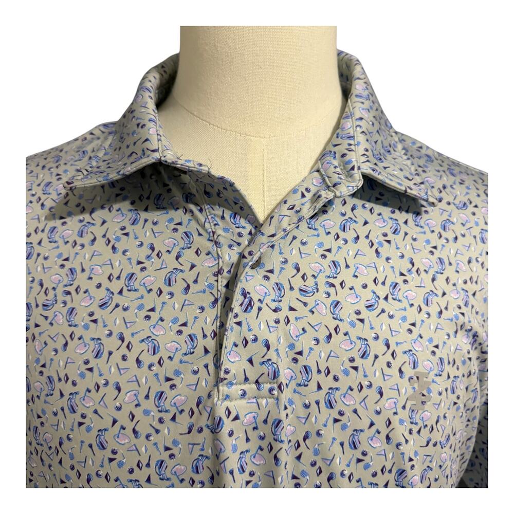 IZOD Golf Men's Gray Blue Novelty Print Performance Polo Sz L Swingflex Elite